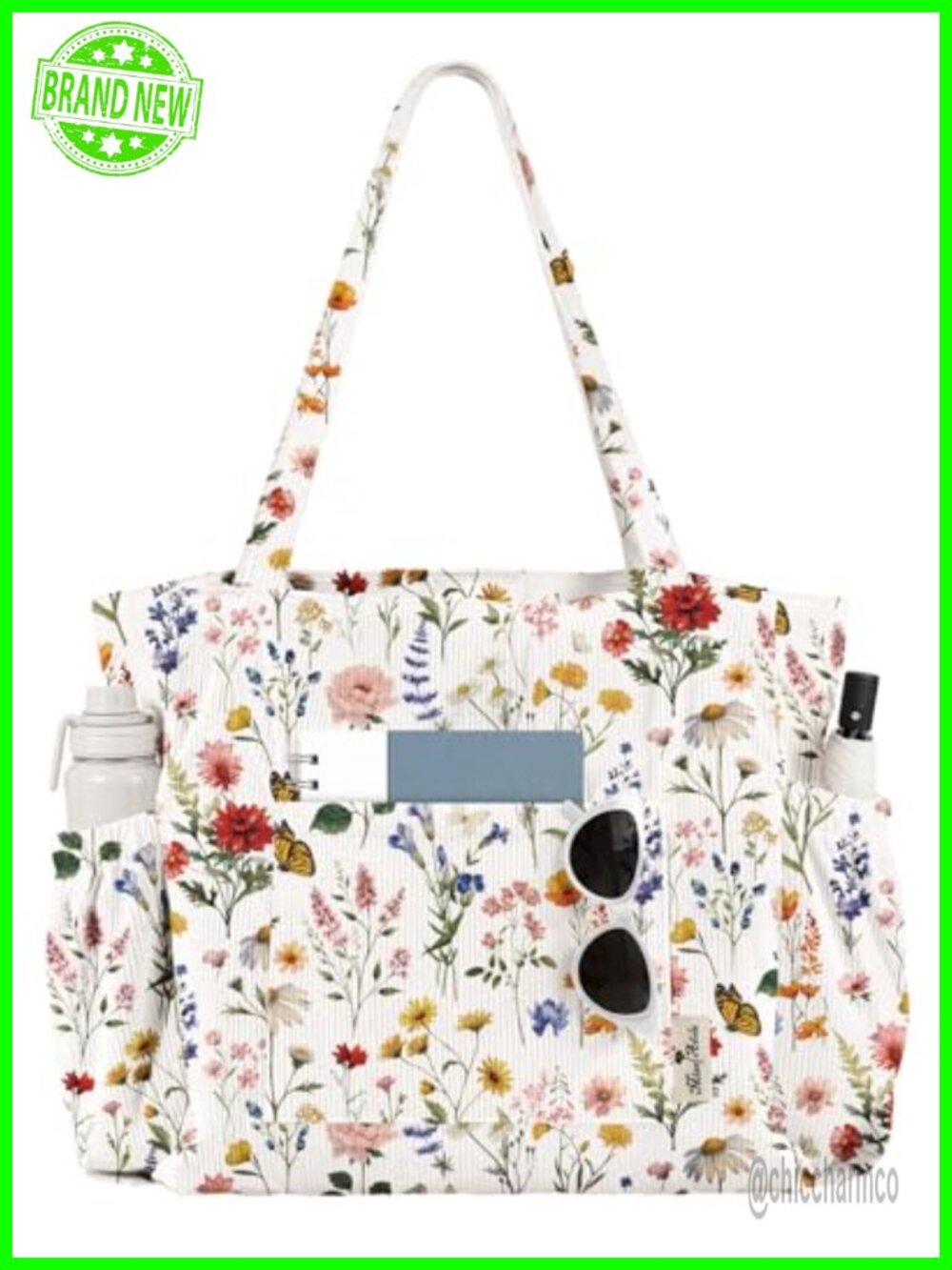 Large Corduroy Tote Bag with Zipper Multi Pocket Shoulder Bag Purse